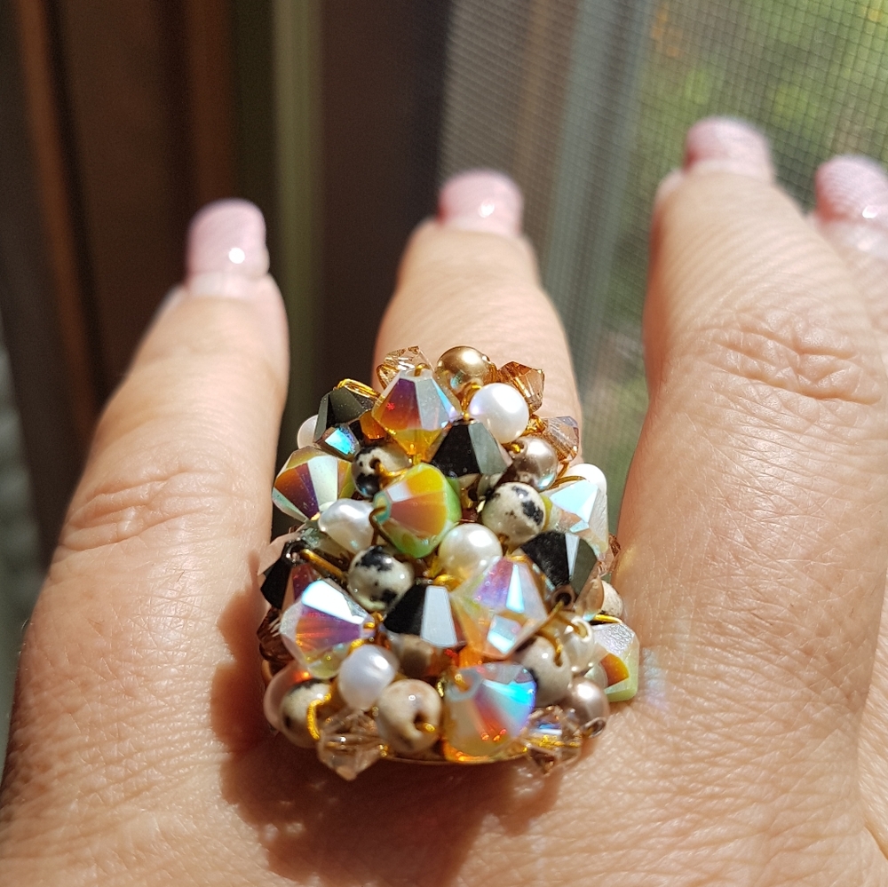 Swarovski Elements Large Dark Brown & Dalmatian Beads Cluster Statement Ring NWT - Picture 3 of 13
